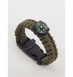 Paracord bracelet with compass,buckle with whistle and flint, olive
