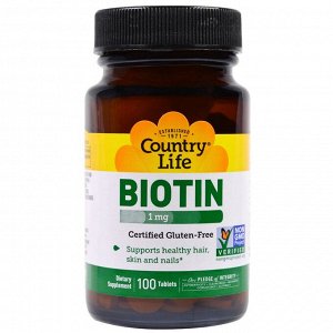 Country Life, Биотин, 1 мг, 100 таблеток