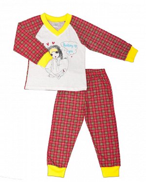 Пижама Пижама для девочки из футболки с длинными рукавами и штанишек. Футболка с длинными рукавами и V-образной горловиной, украшена принтом, который перенесен на ткань методом шелкографии с использов