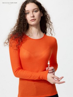 UNIQLO x Princesse Tam Tam - термолонгслив из коллекции Heattech с кашемиром и ажурным узором - 25 ORANGE