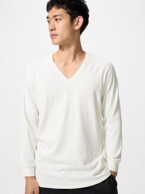 UNIQLO Extra Warm Heattech - теплая термо-кофта с V-образным вырезом - 01 OFFWHITE
