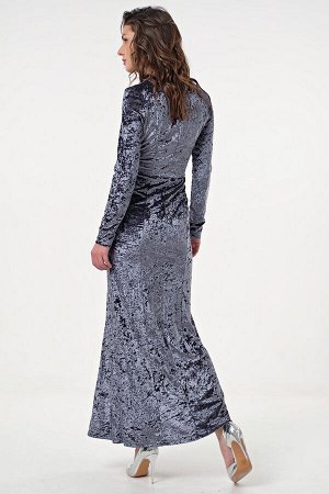 Платье вечернее бархатное длинное с сетчатой вставкой дымчато-синее
