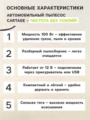 Пылесос автомобильный CARTAGE, 5 насадок, 100 Вт, 12 В, черный