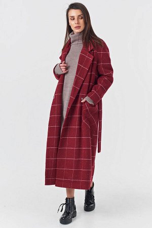 Пальто-халат длинное в клетку бордовое