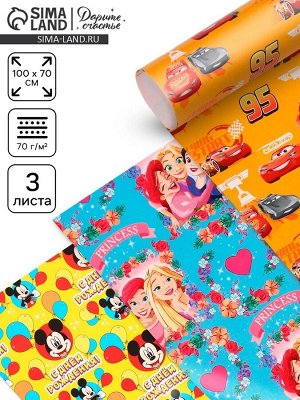 Упаковочная бумага, набор 3 листа, Тачки, Принцессы, Микки Маус, 70x100 см
