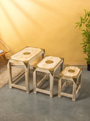 Табурет, 3 шт., 61x35x53 см, дерево, белый с золотым