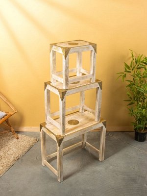 Табурет, 3 шт., 61x35x53 см, дерево, белый с золотым