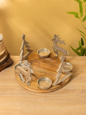 Подсвечник на 4 свечи «Рождество», 29.5x29.5x19 см, алюминий, дерево