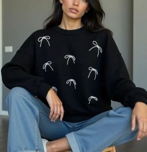 Свитшот на флисе с круглым вырезом и принтом, черный