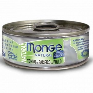 Влажный корм Monge Cat Natural для кошек, из тихоокеанского тунца с курицей, консервы 80 г - 48шт + шоу-бокс