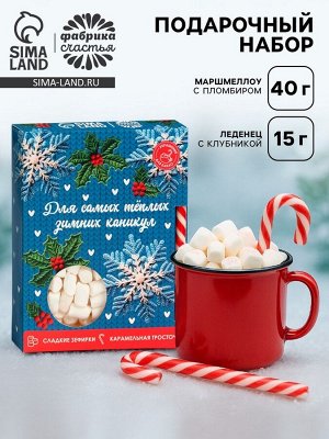 Подарочный набор новогодний «Для тёплых каникул»: маршмеллоу, вкус: пломбир 50 г., леденец, вкус: клубника, 15 г.