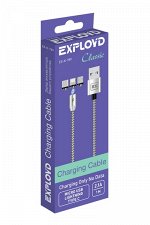Кабель/Exployd/USB - microUSB/8 Pin/TYPE-C/круглый/нейлон/серебро/3 в 1/зарядка/Magnetic/1М/2.1A/Classic/EX-K-789