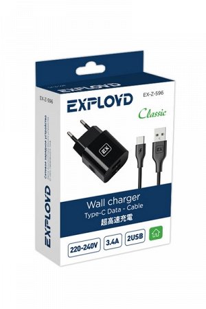 Сетевое зу/exployd/type-c/3.4a/2.4а+1а/2хusb/чёрный/classic/ex-z-596