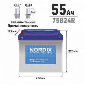 Аккумулятор Nordix 75B24R, 55Ач, CCA 520А, необслуживаемый