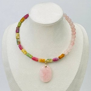 Колье из Турмалина микс и Розового кварца