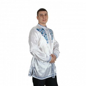 Рубаха русская мужская "Синие цветы", атлас, р-р 48-50, цвет белый