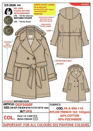 Плащ Крем Брюле 14-1208TCX(Irish Cream) 
Плащ 60% хлопок 40% полиамид / подклад: 100% полиэстер