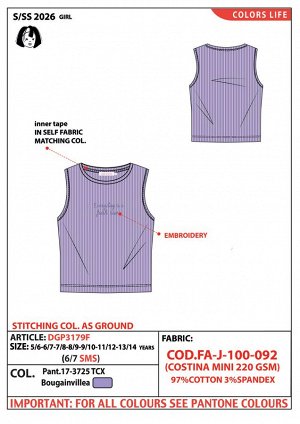 Майка Лаванда 17-3725TCX(Bougainvillea) - Лиловый 14-2710TCX(LILAC SACHET) - Желтый 12-0727TCX(Sunshine) - Белый 11-0601TCX(BRIGHT WHITE) - Ментоловый 13-5414TCX(Ice Green) 
Майка 97% хлопок 3% эласта