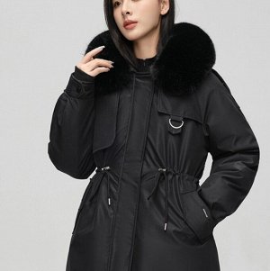 Женская парка утягивающая талию, с капюшоном, со съемной подкладкой, черная
