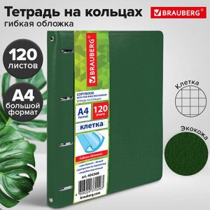 Тетрадь на кольцах БОЛЬШАЯ А4 (240х310 мм), 120 листов, под кожу, клетка, BRAUBERG "Joy", зелёный/светло-зелёный, 404508