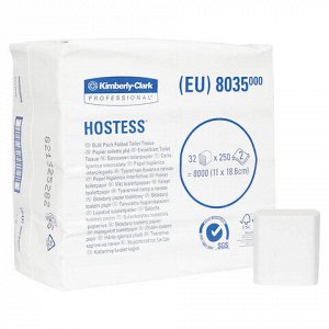 Бумага туалетная листовая KIMBERLY-CLARK Hostess КОМПЛЕКТ 32шт, 250л, 18,6х11, 2-сл, 8035