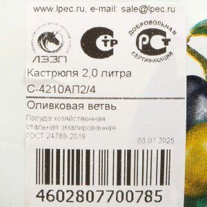 Кастрюля эмалированная сталь, 2 л, с крышкой, крышка сталь, полусфера, ЛЗЭП, Оливковая ветвь, С-4210АП2/4, индукция