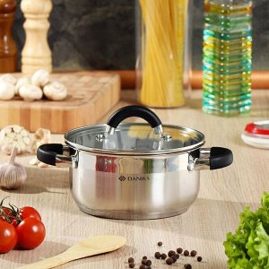Кастрюля нержавеющая сталь, 2.2 л, с крышкой, крышка стекло, Daniks, Турин, QS-1-18/GS-01413-18CA, индукция