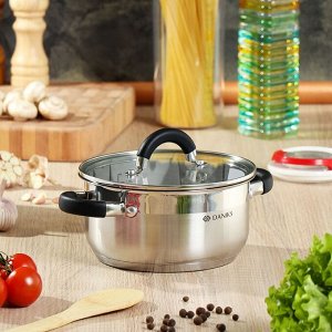 Кастрюля нержавеющая сталь, 2.2 л, с крышкой, крышка стекло, Daniks, Турин, QS-1-18/GS-01413-18CA, индукция