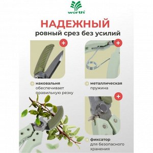 Секатор 200 мм, 6.35 мм, с наковальней, Worth, рукоятка пластик, S122A00