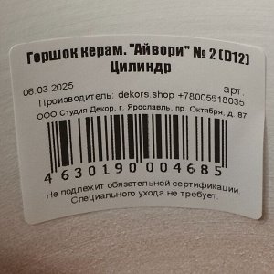 Горшок керамика, 0.8 л, 10.5х12 см, Айвори № 2, 004685