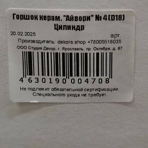 Горшок керамика, 3 л, 15.5х18 см, Айвори № 4, 004708
