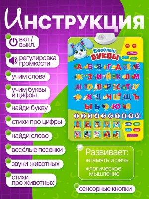 Обучающий электронный плакат «Весёлые буквы», музыкальный алфавит, счёт, работает от батареек