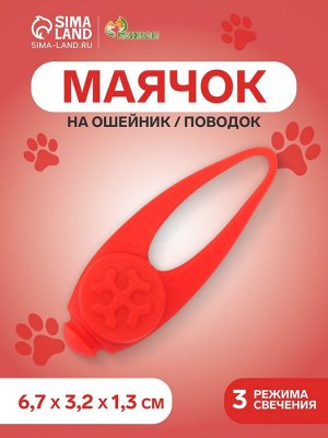Световой маячок на ошейник/поводок с 3 режимами свечения «Лапка», 3.2 см, силикон, красный