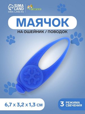 Световой маячок на ошейник/поводок с 3 режимами свечения «Лапка», 3.2 см, силикон, синий