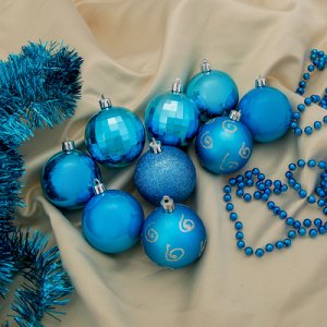 Набор украшений пластик 12 шт "Завиток" (10 шаров, бусы, мишура) синий