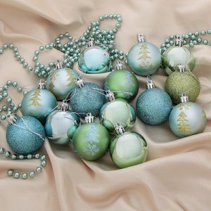 Набор шаров пластик с бусами 16 шт "Ёлка" (15 шаров d-5 см,бусы 3,35 м) зелёно-голубой