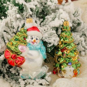 Набор новогодних игрушек "Снеговик на коньках с ёлкой, ёлка"