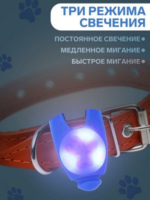 Световой маячок на ошейник/поводок с 3 режимами свечения «Лапка», 3.2 см, силикон, синий