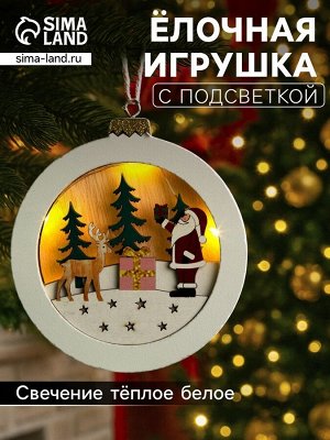 Ёлочная игрушка «Шар с Дедом Морозом», 11x11x1.5 см, от батареек, свечение тёплое белое