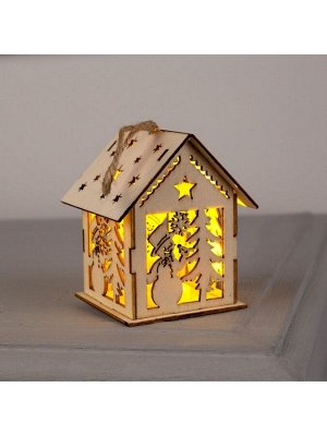 Ёлочная игрушка «Домик со снеговиком», 7.5х6.5х6 см, от батареек, свечение тёплое белое