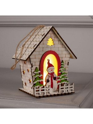 Ёлочная игрушка «Домик со снеговиком», 12 см, 1 LED, от батареек, свечение тёплое белое