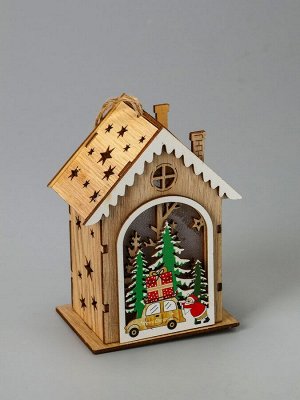 Ёлочная игрушка «Домик с Дедом Морозом и машиной», 8.2x4.2x7.3 см, от батареек, свечение тёплое белое