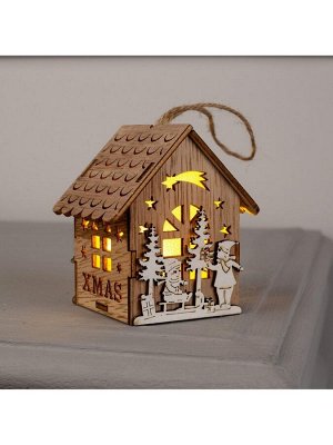 Ёлочная игрушка «Домик с детьми», 8x4x4 см, от батареек, свечение тёплое белое