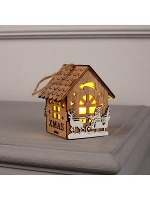 Ёлочная игрушка «Домик с Дедом Морозом на санках», 8x7x5.5 см, от батареек, свечение тёплое белое