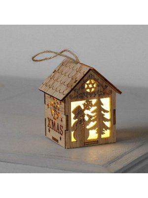 Ёлочная игрушка «Домик со снеговиком», 8x6.5x6 см, от батареек, свечение тёплое белое