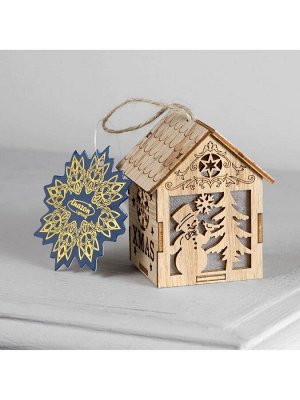 Ёлочная игрушка «Домик со снеговиком», 8x6.5x6 см, от батареек, свечение тёплое белое