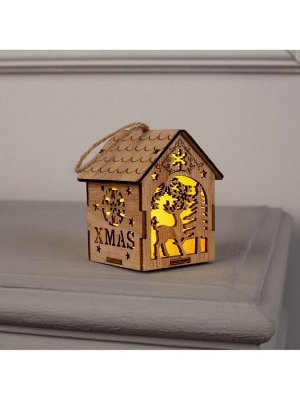 Ёлочная игрушка «Домик с оленем», 8x6.5x6 см, от батареек, свечение тёплое белое