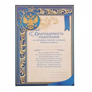 Благодарность «Родителям за активное участие в жизни класса», А4,157 гр/кв.м