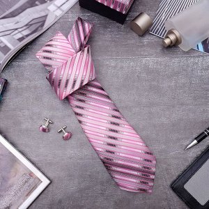 Набор мужской "Стиль" галстук 145*5см самовяз, запонки, полосы узкие, цвет розово-серый