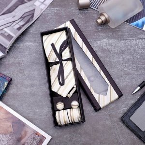 Набор мужской "Элит" галстук 145*5см самовяз, платок, запонки, полоски, цвет бежевый